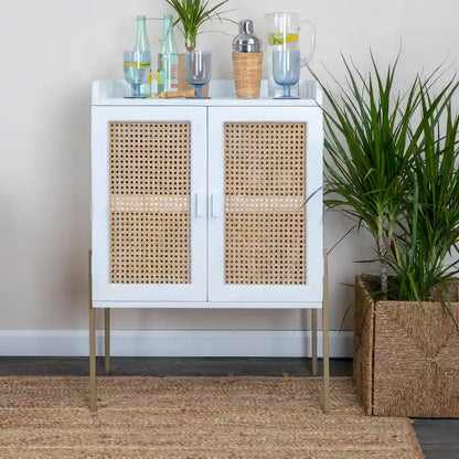 Solid Wood Bar Cabinet with Metal Legs and Woven Cane Doors