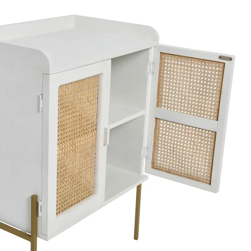 Solid Wood Bar Cabinet with Metal Legs and Woven Cane Doors