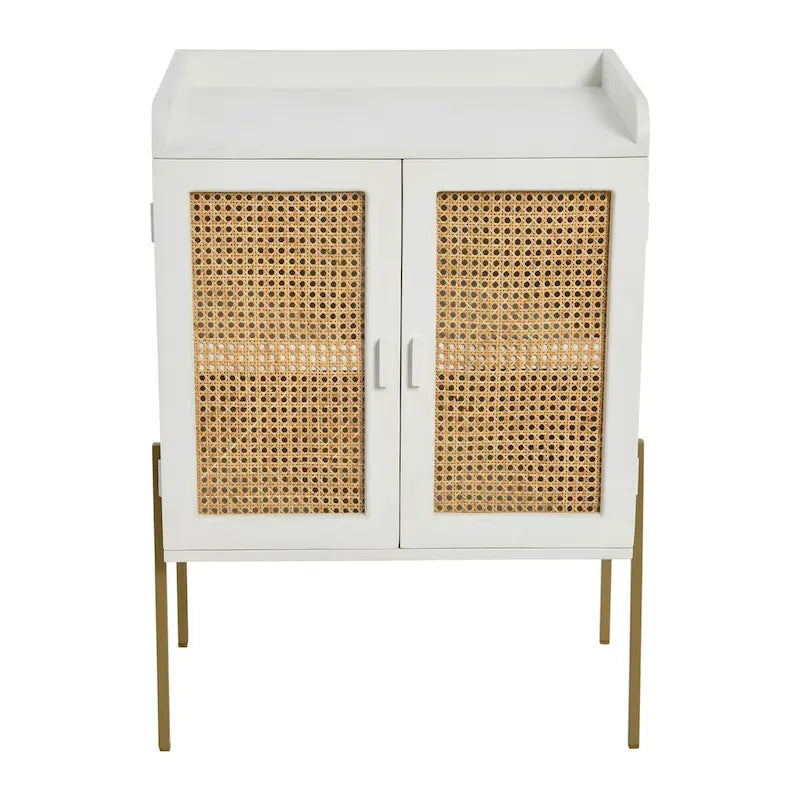 Solid Wood Bar Cabinet with Metal Legs and Woven Cane Doors