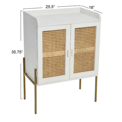 Solid Wood Bar Cabinet with Metal Legs and Woven Cane Doors