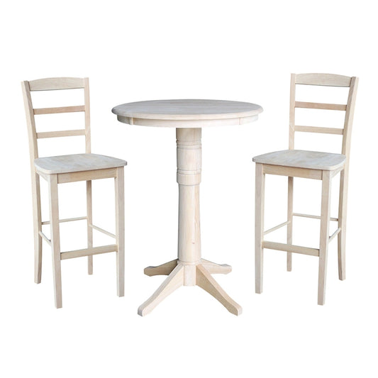 30 Round Top Pedestal Bar Height Table with 2 Madrid Stools - Unfinished - 3 Piece Set