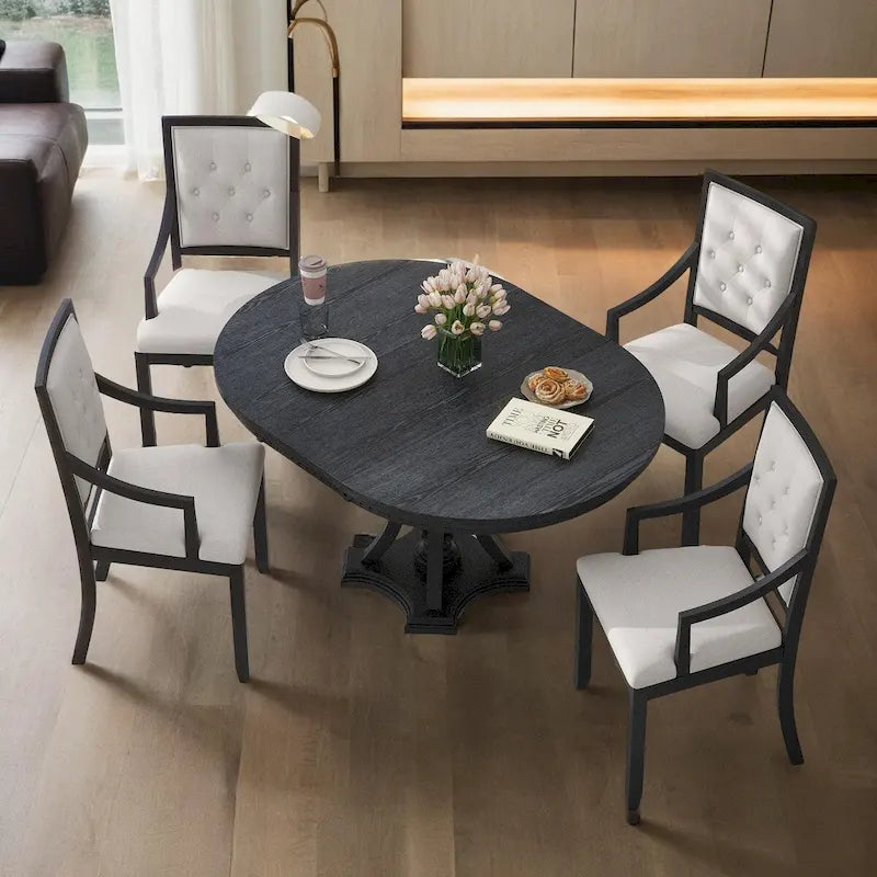 Retro 5-piece Dining Set Extendable Round Table and 4 Chairs for Kitchen Dining Room