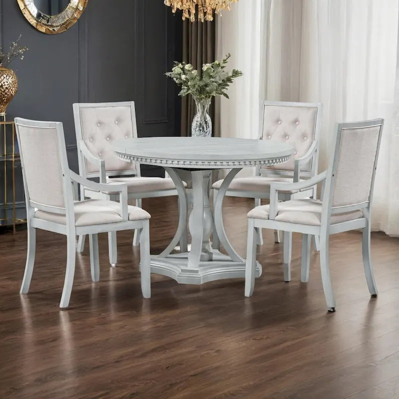 Retro 5-piece Dining Set Extendable Round Table and 4 Chairs for Kitchen Dining Room