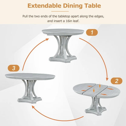 Retro 5-piece Dining Set Extendable Round Table and 4 Chairs for Kitchen Dining Room