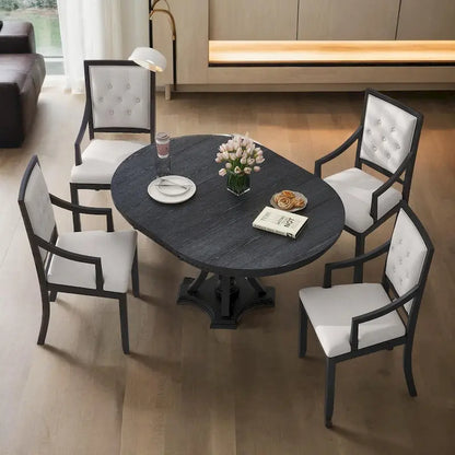 Retro 5-piece Dining Set Extendable Round Table and 4 Chairs for Kitchen Dining Room