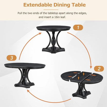 Retro 5-piece Dining Set Extendable Round Table and 4 Chairs for Kitchen Dining Room