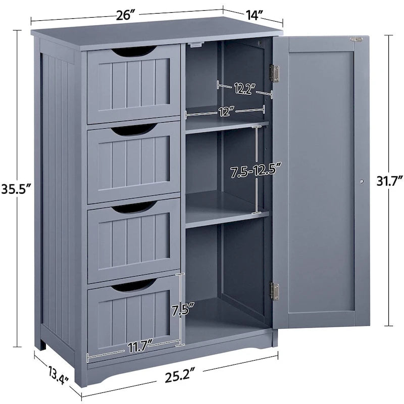 Yaheetech Large Bathroom Storage Cabinet Free-Standing Floor Cabinet with 4 Drawers and 1 Cupboard - N/A