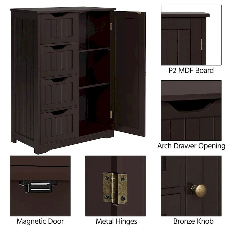 Yaheetech Large Bathroom Storage Cabinet Free-Standing Floor Cabinet with 4 Drawers and 1 Cupboard - N/A