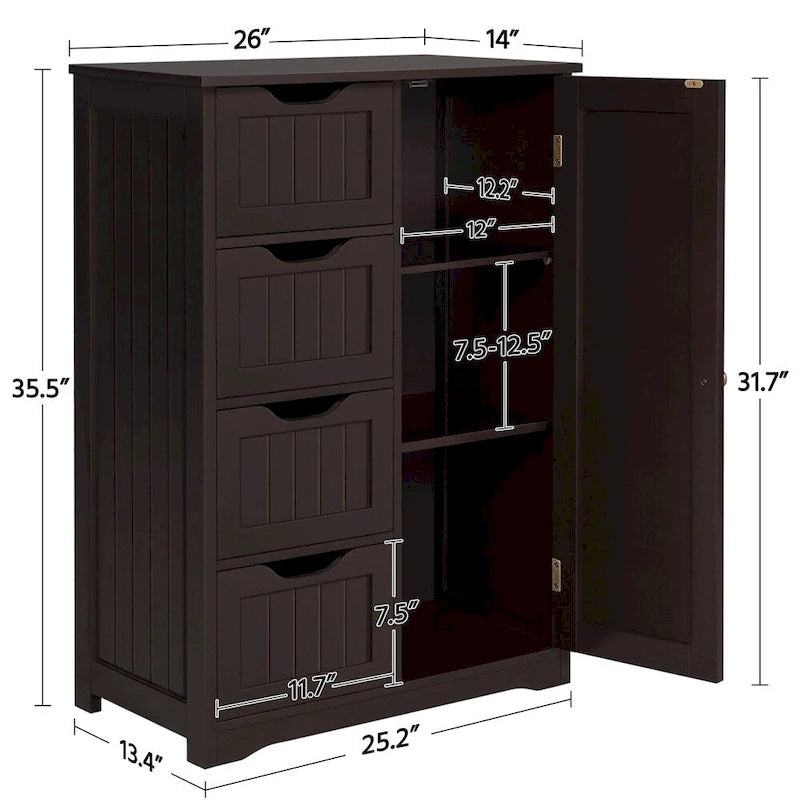 Yaheetech Large Bathroom Storage Cabinet Free-Standing Floor Cabinet with 4 Drawers and 1 Cupboard - N/A