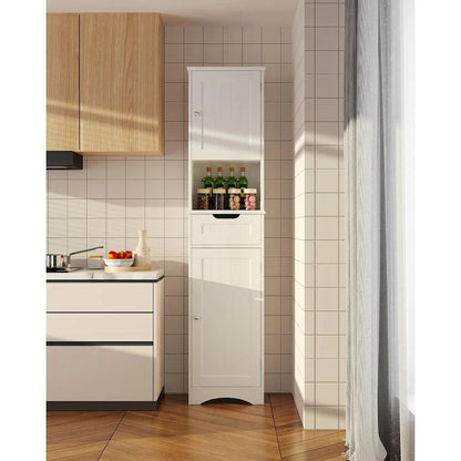 Freestanding Narrow Tall Bathroom Storage Cabinet with Adjustable Shelves, Door and Open Shelves