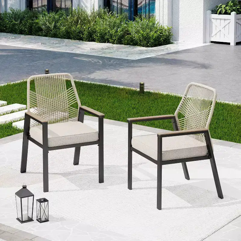 Captiva Designs – Ensemble de salle à manger d'extérieur 9 pièces, table rectangulaire en acier et chaises en osier fixes avec coussins épais