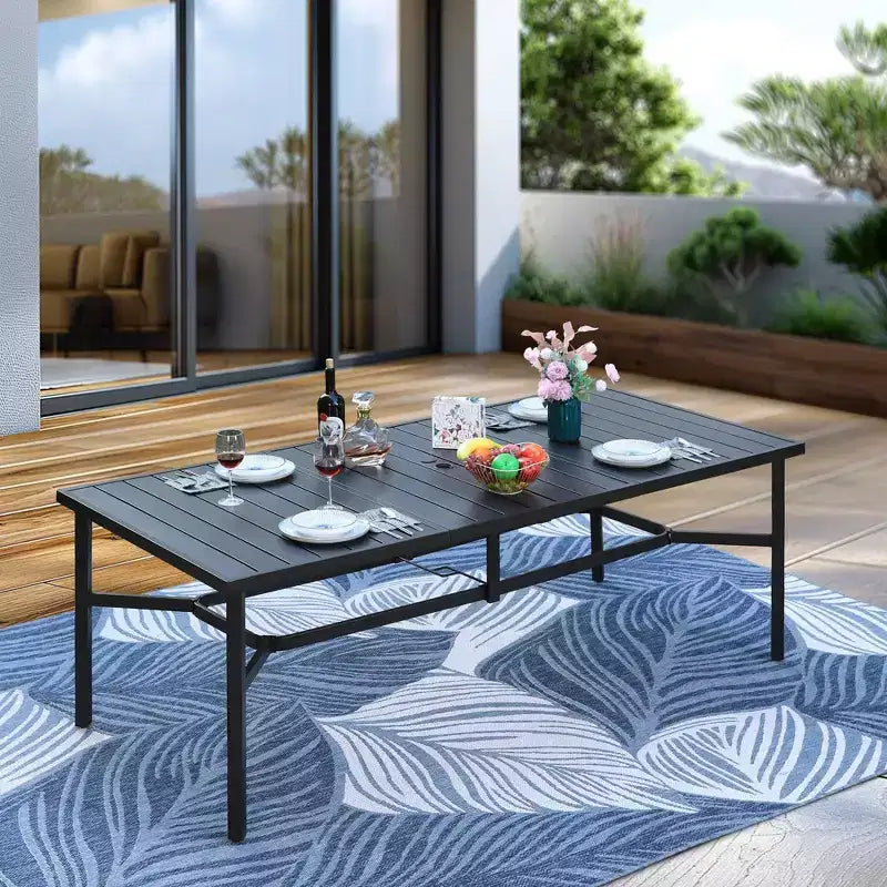 Captiva Designs – Ensemble de salle à manger d'extérieur 9 pièces, table rectangulaire en acier et chaises en osier fixes avec coussins épais