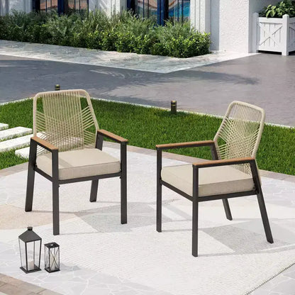 Captiva Designs – Ensemble de salle à manger d'extérieur 9 pièces, table rectangulaire en acier et chaises en osier fixes avec coussins épais