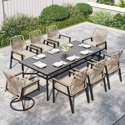 Captiva Designs – Ensemble de salle à manger d'extérieur 9 pièces, table rectangulaire en acier et chaises en osier fixes avec coussins épais