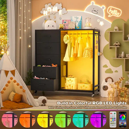 Rollway Dresser with Charge Station and LED Light,Chest With Drawers for Kids Room