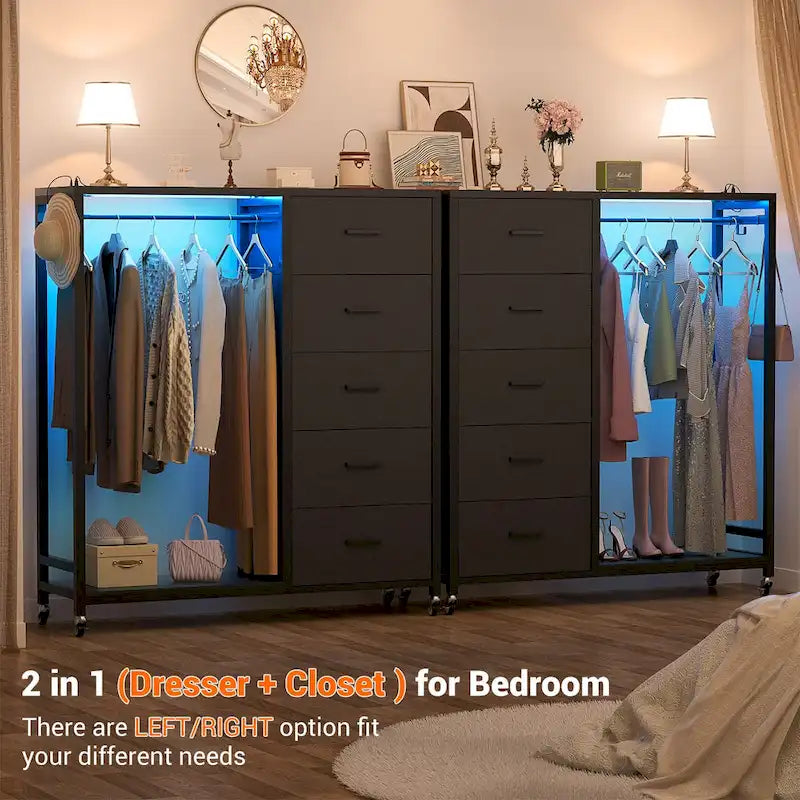 Rollway Dresser with Charge Station and LED Light,Chest With Drawers for Kids Room
