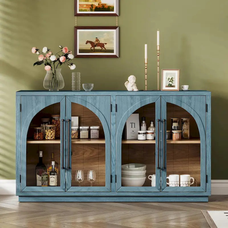 60 Farmhouse 4-Door Large Storage Vintage Sideboard with Metal Handles and Adjustable Shelves