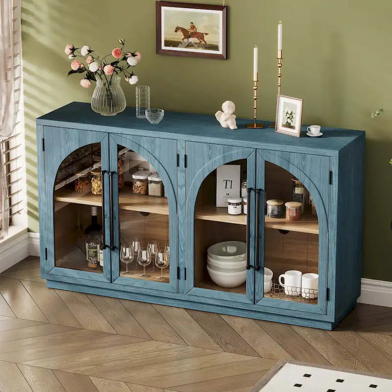 60 Farmhouse 4-Door Large Storage Vintage Sideboard with Metal Handles and Adjustable Shelves