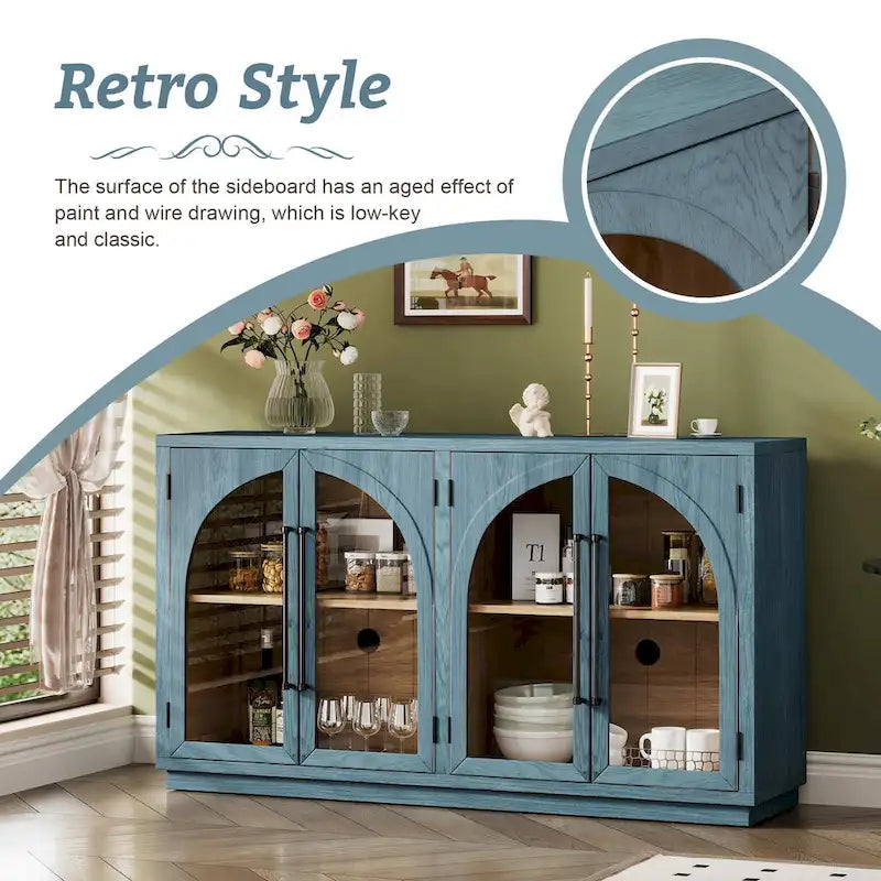60 Farmhouse 4-Door Large Storage Vintage Sideboard with Metal Handles and Adjustable Shelves