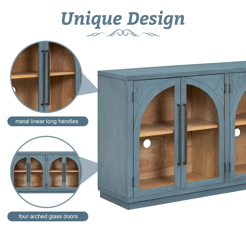 60 Farmhouse 4-Door Large Storage Vintage Sideboard with Metal Handles and Adjustable Shelves