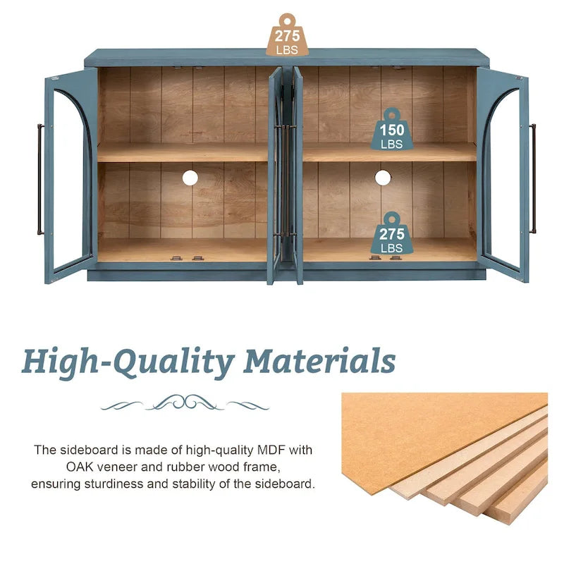 60 Farmhouse 4-Door Large Storage Vintage Sideboard with Metal Handles and Adjustable Shelves