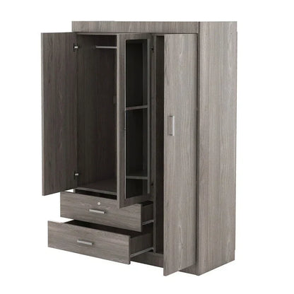 Armoire penderie 3 portes avec miroirs, étagères et 2 tiroirs