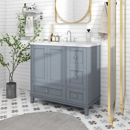 Meuble-lavabo de 36 pouces avec chargement USB, évier en résine, cadre en bois massif, 3 tiroirs de rangement