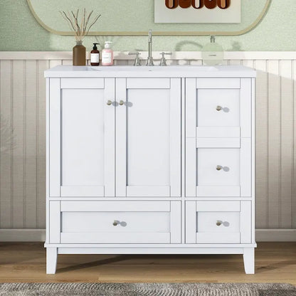 Meuble-lavabo de 36 pouces avec chargement USB, évier en résine, cadre en bois massif, 3 tiroirs de rangement