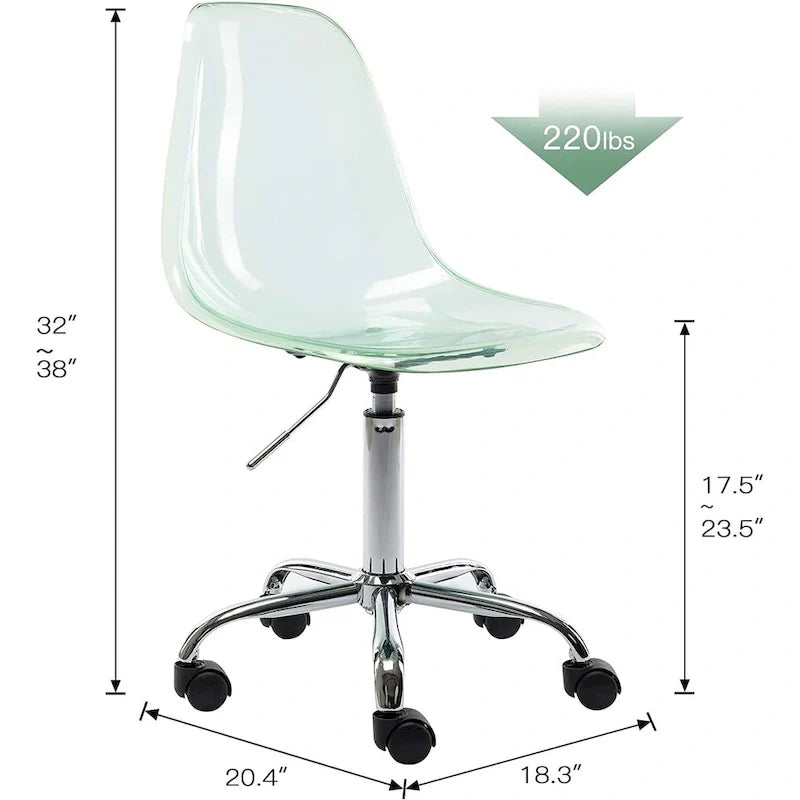 Chaise de bureau à roulettes sans accoudoirs, réglable en hauteur, en acrylique pivotant