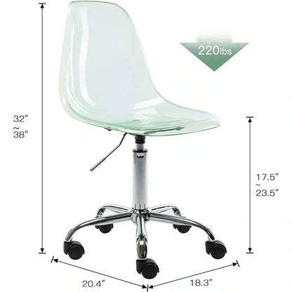 Chaise de bureau à roulettes sans accoudoirs, réglable en hauteur, en acrylique pivotant