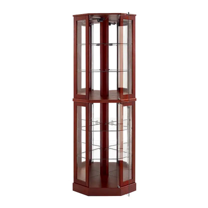 Vitrine d'angle à 6 étagères avec lumières, miroirs et étagères réglables, merisier