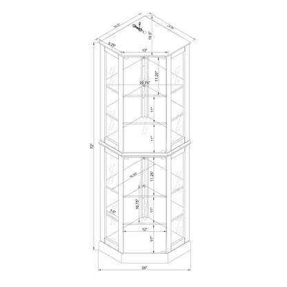 Vitrine d'angle à 6 étagères avec lumières, miroirs et étagères réglables, merisier