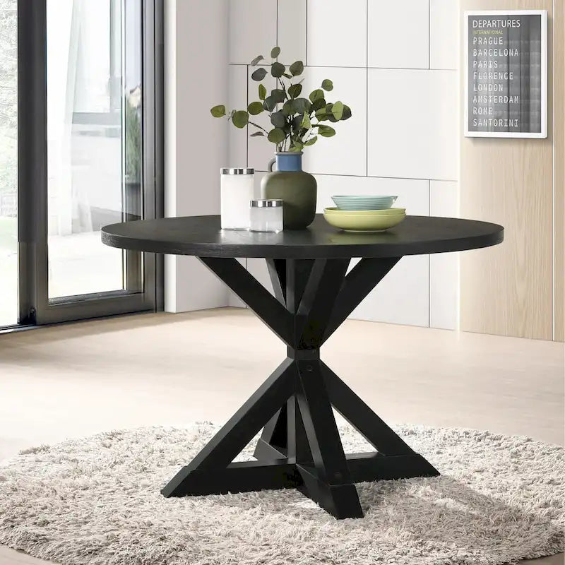 Ensemble de salle à manger 5 pièces, ensemble de meubles de cuisine en bois, table ronde avec piètement central en croix et 4 chaises capitonnées