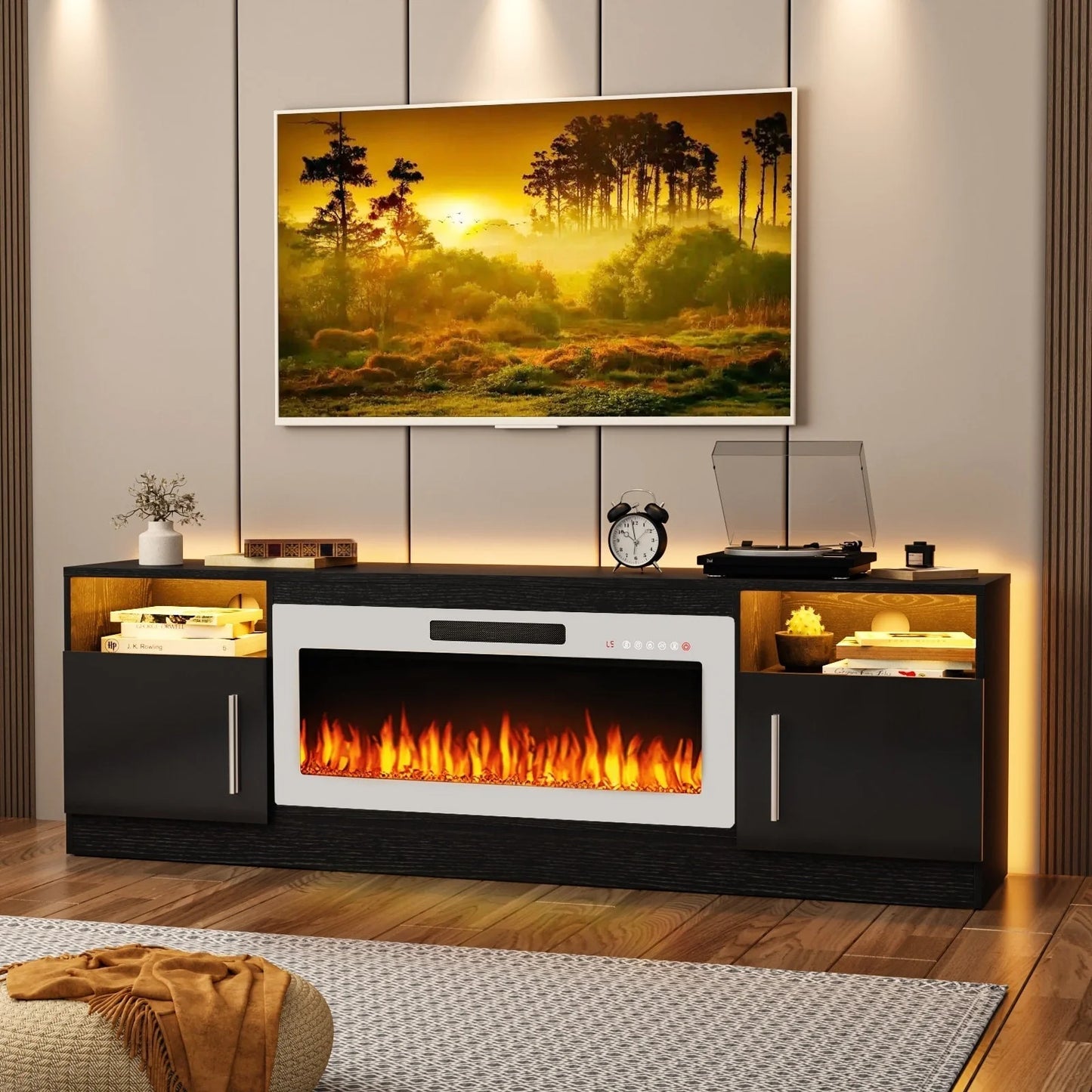 Meuble TV cheminée Bossin 70 avec cheminée électrique 36, meuble TV pour téléviseurs jusqu'à 80 pouces, lumières LED 16 couleurs/centre de divertissement