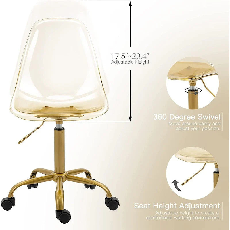 Chaise de bureau à roulettes sans accoudoirs, réglable en hauteur, en acrylique pivotant
