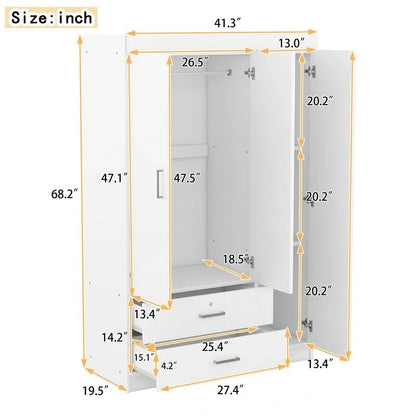 Armoire penderie 3 portes avec miroirs, étagères et 2 tiroirs
