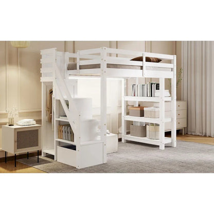 Lit mezzanine simple/double avec escalier de rangement - Étagères, armoire et lumière LED, design peu encombrant