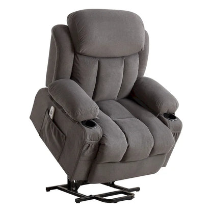 Fauteuil inclinable électrique gris avec massage chauffant, chargement USB, télécommande et poches latérales pratiques pour les personnes âgées