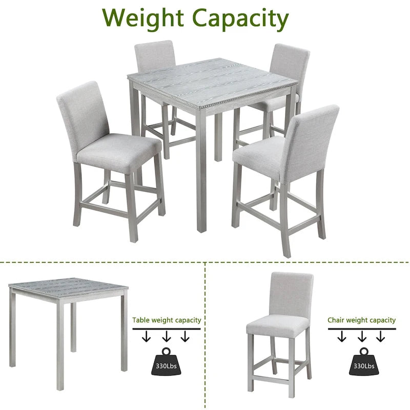 Ensemble de salle à manger moderne 5 pièces avec table carrée hauteur comptoir et 4 chaises rembourrées
