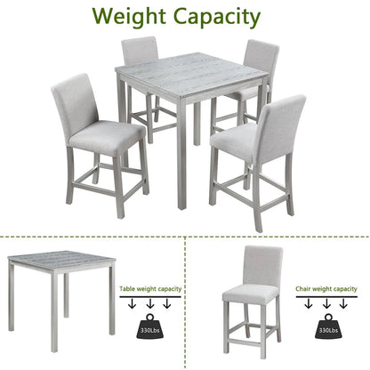Ensemble de salle à manger moderne 5 pièces avec table carrée hauteur comptoir et 4 chaises rembourrées