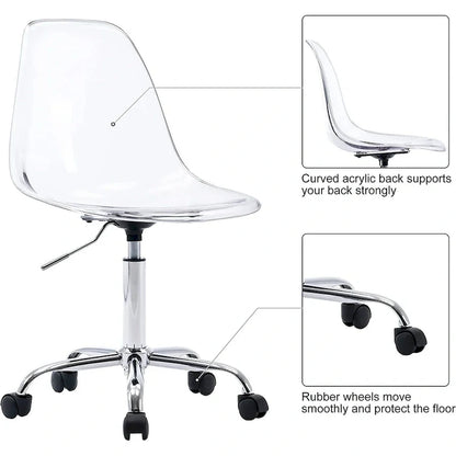 Chaise de bureau à roulettes sans accoudoirs, réglable en hauteur, en acrylique pivotant