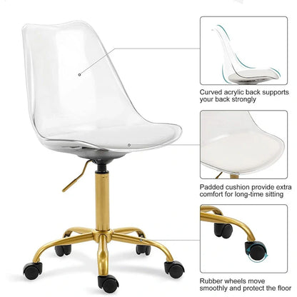Chaise de bureau à roulettes sans accoudoirs, réglable en hauteur, en acrylique pivotant