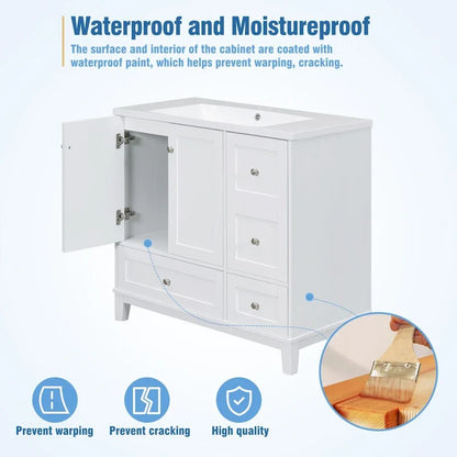 Meuble-lavabo de 36 pouces avec chargement USB, évier en résine, cadre en bois massif, 3 tiroirs de rangement