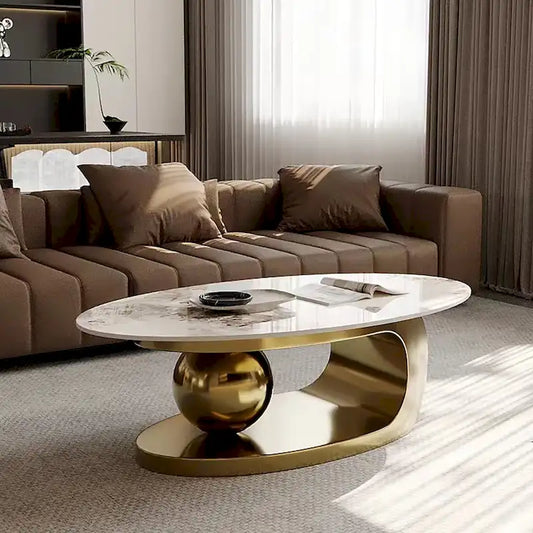 51 Modern Pandora Oval Coffee Table with Glossy Sintered stone top, Luxury Coffee Table, Stainless Steel Legs for Livingroom