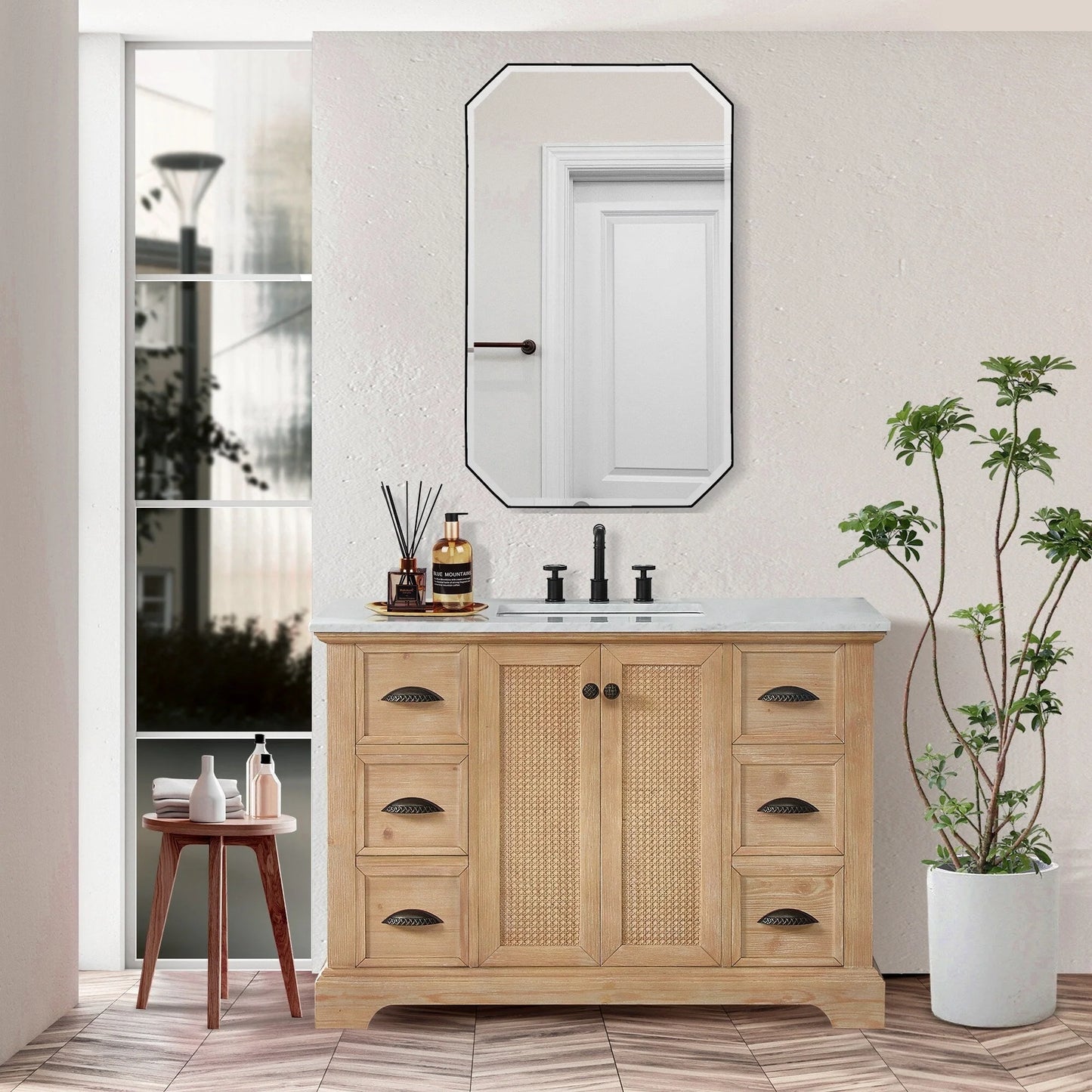 Meuble sous-vasque Hervas avec plateau en marbre naturel, sans miroir